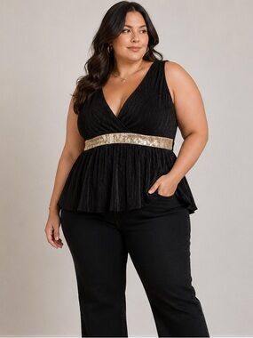 Black Crinkle Pleated Gold Sequin Empire Waist Going Out Top 1X